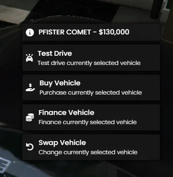 Menu for purchasing a car